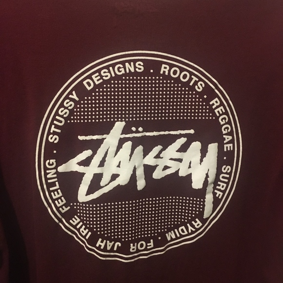 Stussy Other - Maroon Stussy Roots, Reggae, Surf T-Shirt Large.